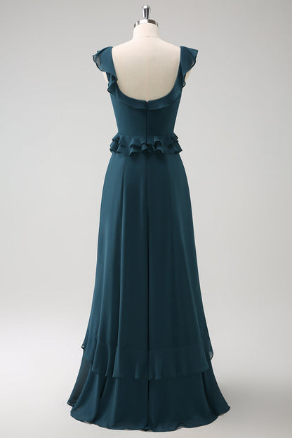 Dark Peacock Green Scoop Neck A-Line Long Bridesmaid Dress