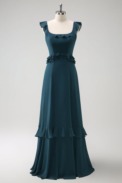 Dark Peacock Green Scoop Neck A-Line Long Bridesmaid Dress