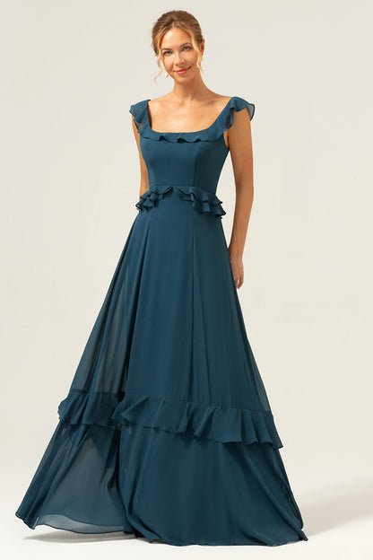 Dark Peacock Green Scoop Neck A-Line Long Bridesmaid Dress