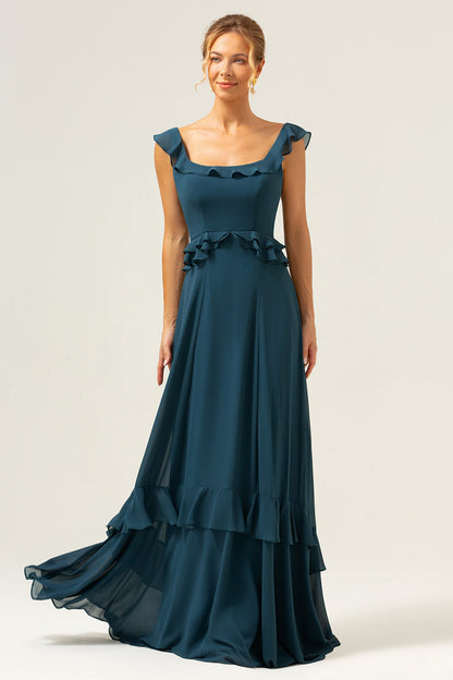 Dark Peacock Green Scoop Neck A-Line Long Bridesmaid Dress