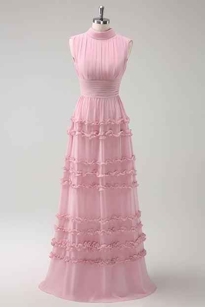 Blush Ruffled Chiffon Long Bridesmaid Dress with Open Back