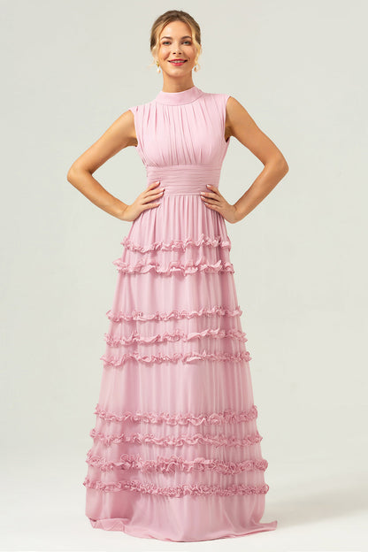 Blush Ruffled Chiffon Long Bridesmaid Dress with Open Back