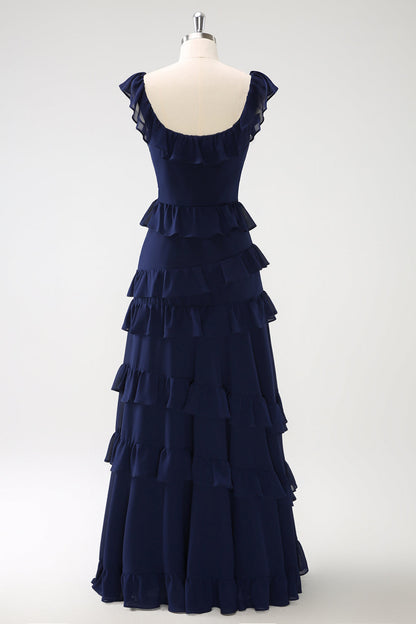 Dark Navy A-Line Ruffleed Chiffon Long Bridesmaid Dress with Slit