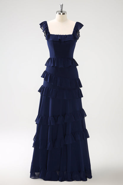 Dark Navy A-Line Ruffleed Chiffon Long Bridesmaid Dress with Slit