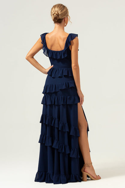 Dark Navy A-Line Ruffleed Chiffon Long Bridesmaid Dress with Slit
