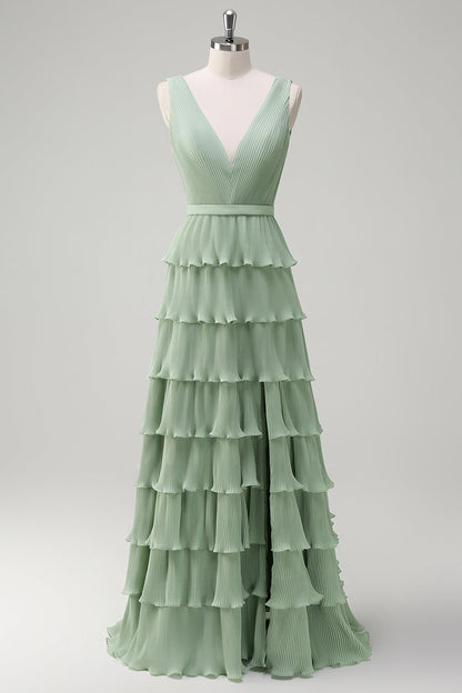 Dusty Sage Pleated Tiered A-Line Bridesmaid Dress with Slit