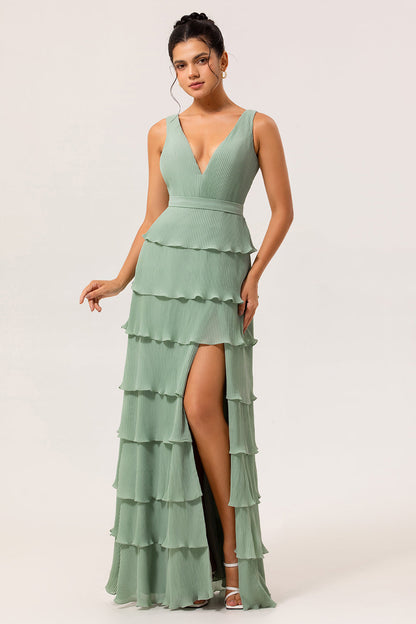 Dusty Sage Pleated Tiered A-Line Bridesmaid Dress with Slit