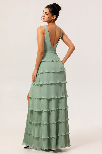 Dusty Sage Pleated Tiered A-Line Bridesmaid Dress with Slit