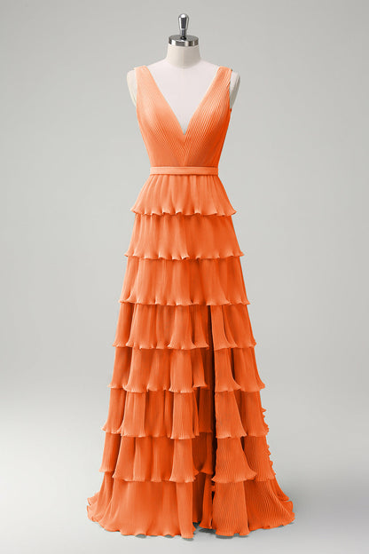 Dusty Sage Pleated Tiered A-Line Bridesmaid Dress with Slit