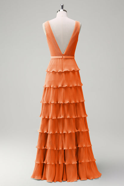 Dusty Sage Pleated Tiered A-Line Bridesmaid Dress with Slit