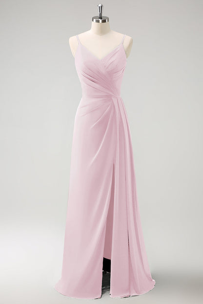Blush Pink Spaghetti Straps Ruche Long Bridesmaid Dress with Slit