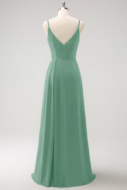 Blush Pink Spaghetti Straps Ruche Long Bridesmaid Dress with Slit