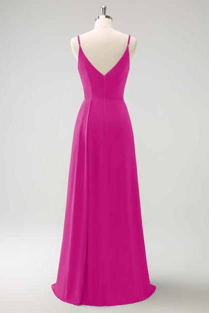 Blush Pink Spaghetti Straps Ruche Long Bridesmaid Dress with Slit