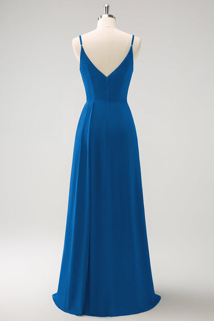 Blush Pink Spaghetti Straps Ruche Long Bridesmaid Dress with Slit