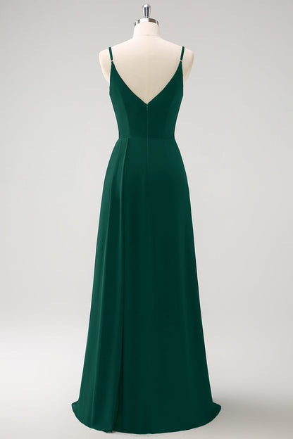 Blush Pink Spaghetti Straps Ruche Long Bridesmaid Dress with Slit