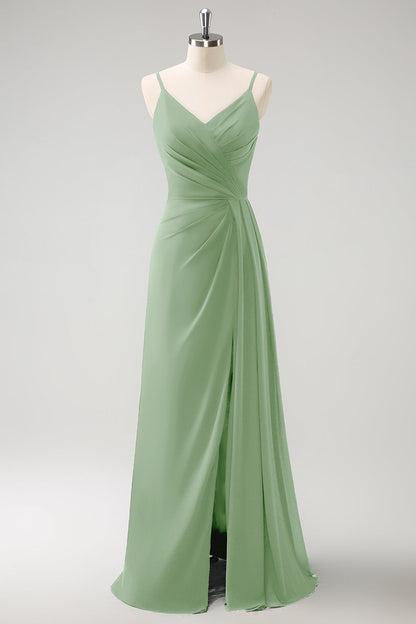 Dark Green Spaghetti Straps Ruche Long Bridesmaid Dress with Slit