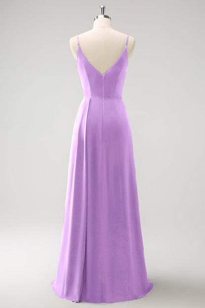 Dark Green Spaghetti Straps Ruche Long Bridesmaid Dress with Slit