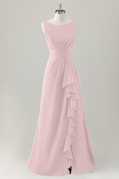 Champagne A-Line Ruffle Long Bridesmaid Dress with Slit