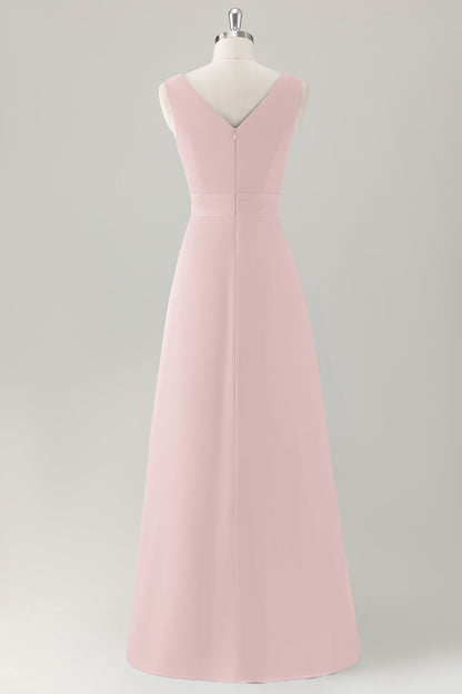 Champagne A-Line Ruffle Long Bridesmaid Dress with Slit