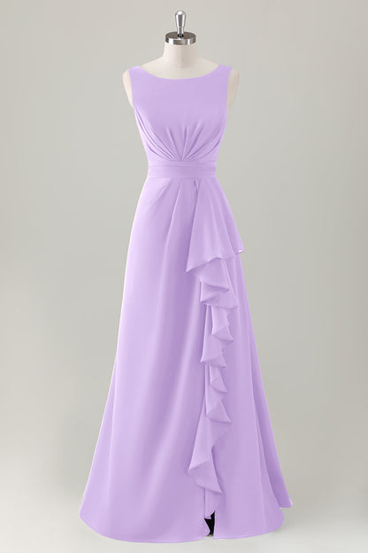 Dark Blue A-Line Ruffle Long Bridesmaid Dress with Slit