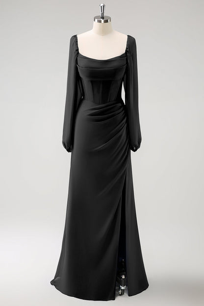 Eucalyptus Sheath Square Neck Chiffon Long Sleeves Long Bridesmaid Dress with Slit