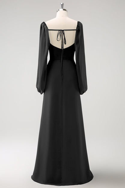 Eucalyptus Sheath Square Neck Chiffon Long Sleeves Long Bridesmaid Dress with Slit