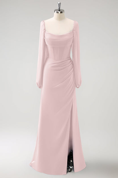 Eucalyptus Sheath Square Neck Chiffon Long Sleeves Long Bridesmaid Dress with Slit