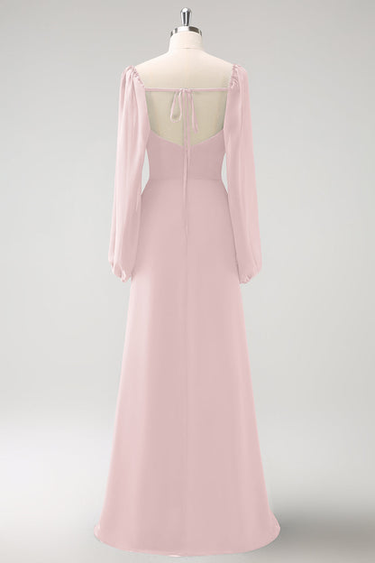 Eucalyptus Sheath Square Neck Chiffon Long Sleeves Long Bridesmaid Dress with Slit