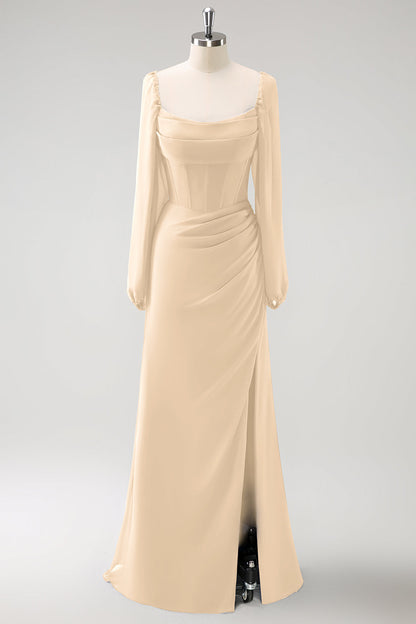 Eucalyptus Sheath Square Neck Chiffon Long Sleeves Long Bridesmaid Dress with Slit