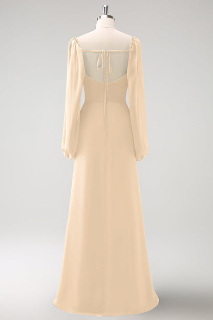 Eucalyptus Sheath Square Neck Chiffon Long Sleeves Long Bridesmaid Dress with Slit
