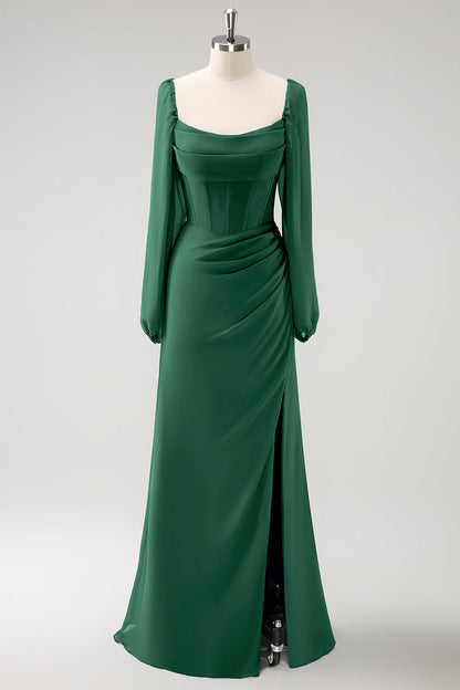 Eucalyptus Sheath Square Neck Chiffon Long Sleeves Long Bridesmaid Dress with Slit
