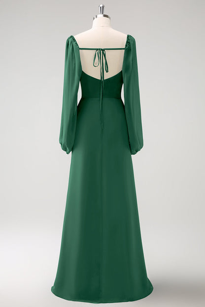 Eucalyptus Sheath Square Neck Chiffon Long Sleeves Long Bridesmaid Dress with Slit