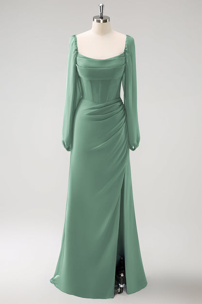 Eucalyptus Sheath Square Neck Chiffon Long Sleeves Long Bridesmaid Dress with Slit