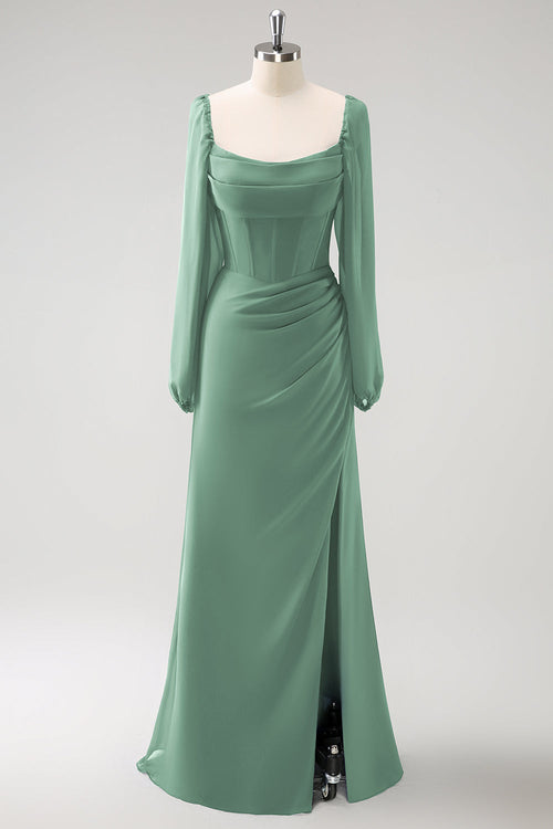 Eucalyptus Sheath Square Neck Chiffon Long Sleeves Long Bridesmaid Dress with Slit