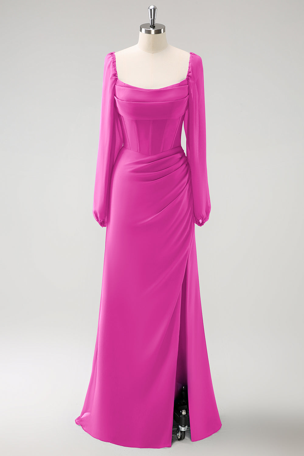 Eucalyptus Sheath Square Neck Chiffon Long Sleeves Long Bridesmaid Dress with Slit