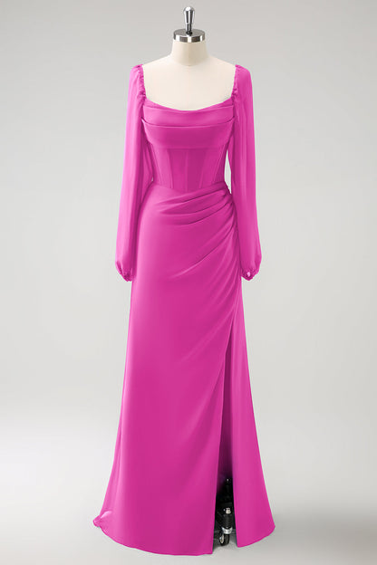 Eucalyptus Sheath Square Neck Chiffon Long Sleeves Long Bridesmaid Dress with Slit