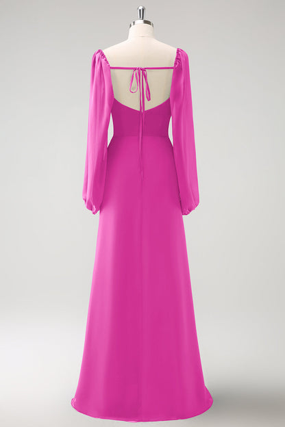 Eucalyptus Sheath Square Neck Chiffon Long Sleeves Long Bridesmaid Dress with Slit
