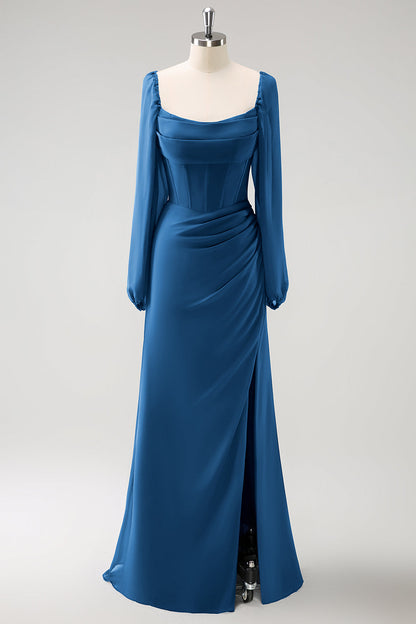Eucalyptus Sheath Square Neck Chiffon Long Sleeves Long Bridesmaid Dress with Slit