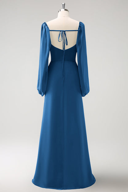 Eucalyptus Sheath Square Neck Chiffon Long Sleeves Long Bridesmaid Dress with Slit