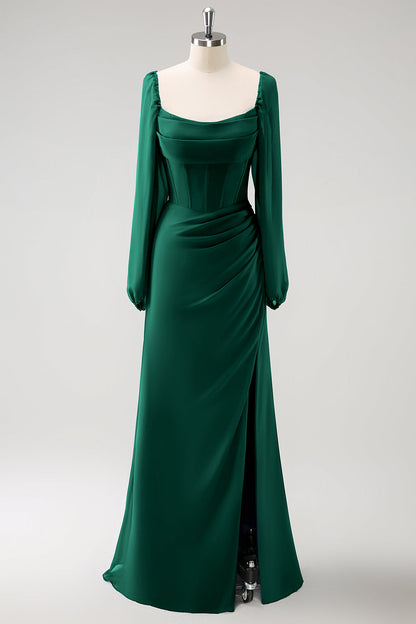 Eucalyptus Sheath Square Neck Chiffon Long Sleeves Long Bridesmaid Dress with Slit