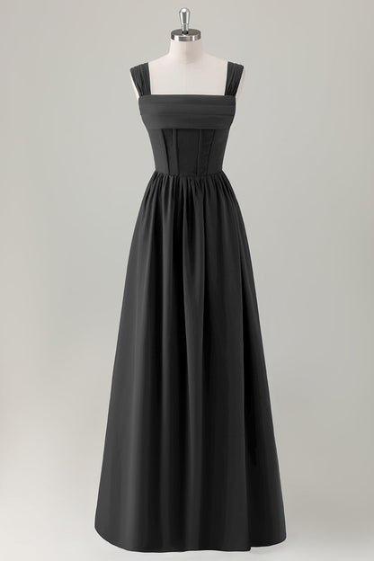 Champagne Corset A-Line Square Neck Long Bridesmaid Dress with Lace Up Back