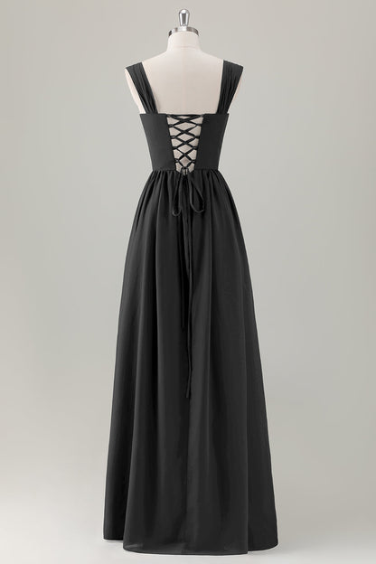 Champagne Corset A-Line Square Neck Long Bridesmaid Dress with Lace Up Back