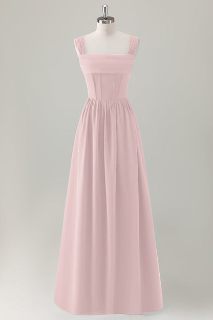 Champagne Corset A-Line Square Neck Long Bridesmaid Dress with Lace Up Back