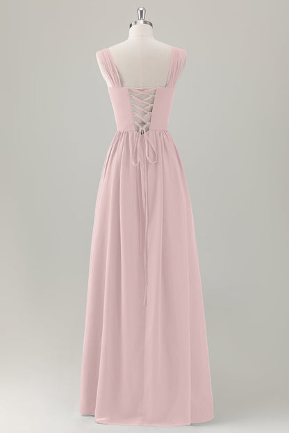 Champagne Corset A-Line Square Neck Long Bridesmaid Dress with Lace Up Back