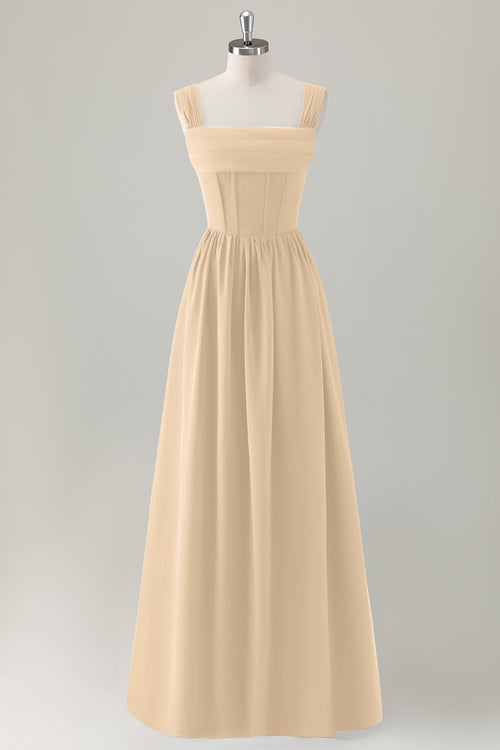 Champagne Corset A-Line Square Neck Long Bridesmaid Dress with Lace Up Back