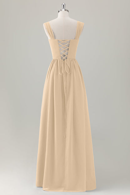 Champagne Corset A-Line Square Neck Long Bridesmaid Dress with Lace Up Back