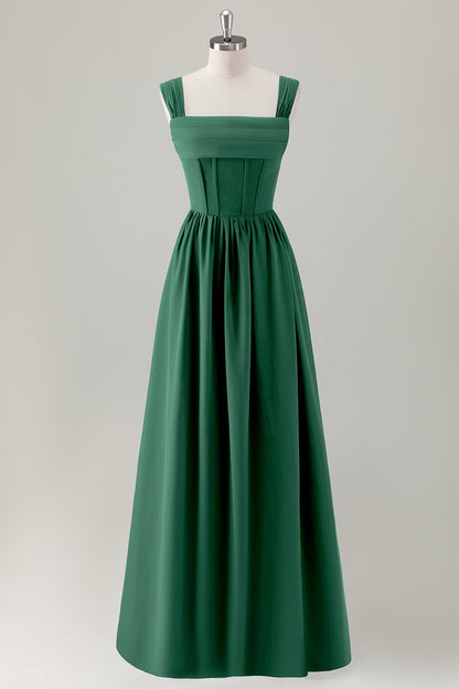 Champagne Corset A-Line Square Neck Long Bridesmaid Dress with Lace Up Back