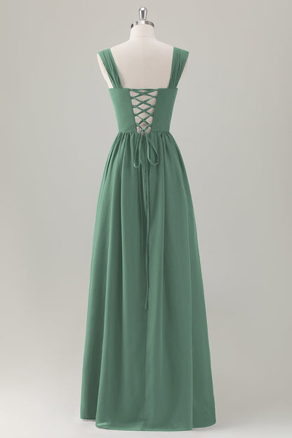 Champagne Corset A-Line Square Neck Long Bridesmaid Dress with Lace Up Back