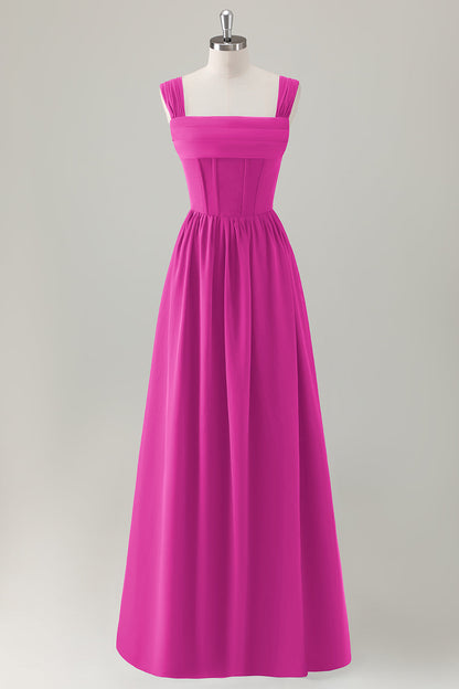 Champagne Corset A-Line Square Neck Long Bridesmaid Dress with Lace Up Back