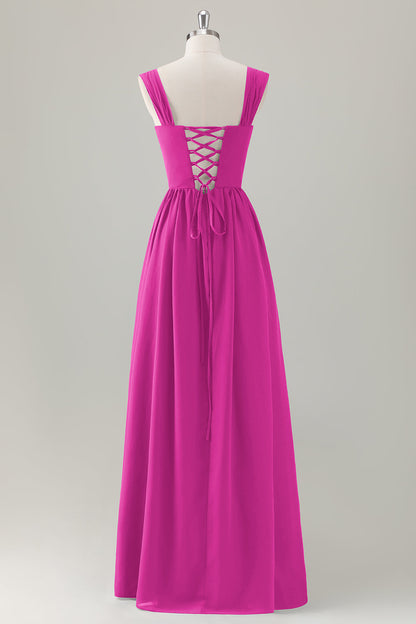Champagne Corset A-Line Square Neck Long Bridesmaid Dress with Lace Up Back